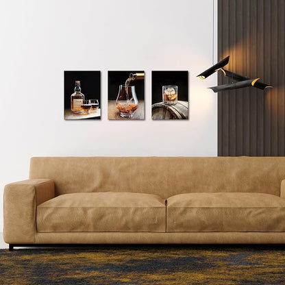 AoArtWZ Whisky Glasses Canvas Wall Art 3 Piece Whisky Bottle and Barrel Painting Pictures Prints Home Bar Mens Room Decor Framed Artwork 12" x 16" x 3pcs