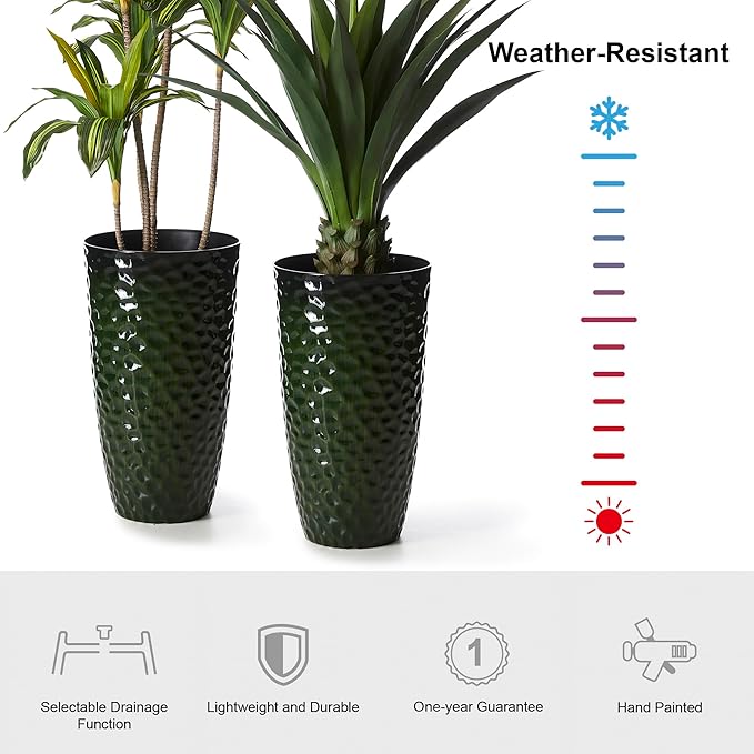 Glitzhome 23.75" H Oversized Tall Planter, Large Planters for Outdoor Plants, Set of 2 Honeycomb Textured Gradient Green Tall Planters with Drainage Holes, Modern Flower Pots for Porch Indoor Garden