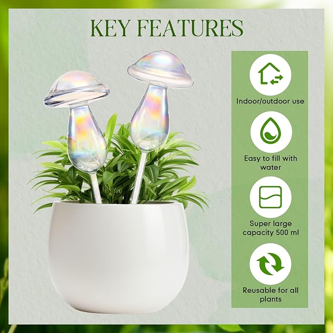 2 Pcs 17 Oz Plant Watering Globes Large Mushroom Shaped Iridescent Rainbow Self Watering Globes Clear Glass Planter Insert Devices for Indoor Outdoor Plant Lovers