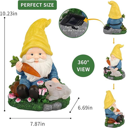 Christmas Gnomes Outdoor Statue Gnome Feeding Rabbit with 6 LED Solar Figurine for Lawn,Patio,Balcony,Yard Decor Unique for Grandfather, Father,Grandma
