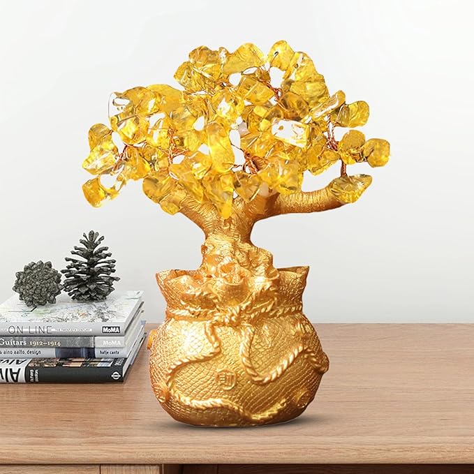Golden Money Tree Ornament Bring Good Luck Fortune Lucky Bag Tree Resin Figurine Statue Sculpture Home Office Desktop Fengshui Decoration (Golden)