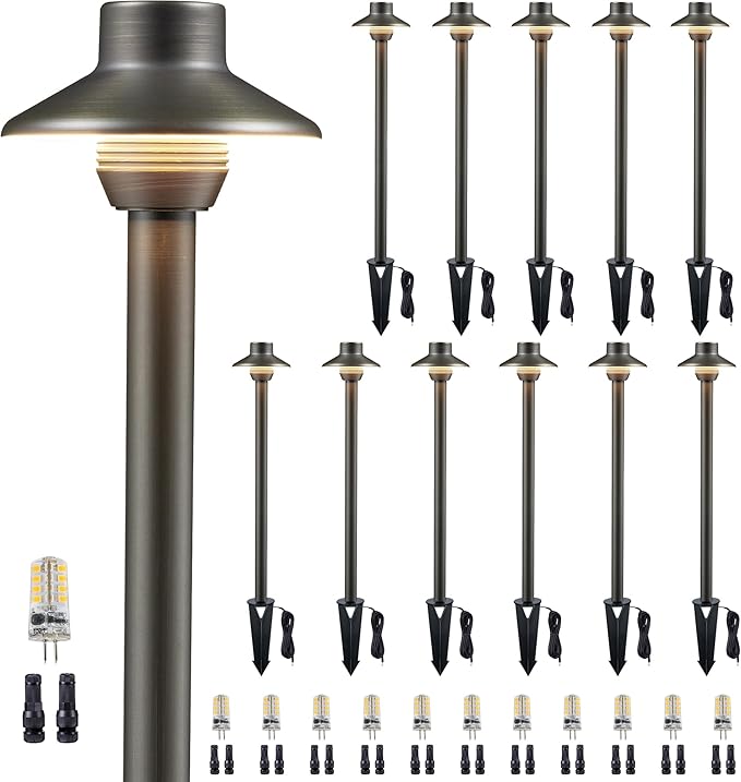 Gardenreet Solid Cast Brass Pathway Lights, Low Voltage Landscape Path Light Wired, LED Walkway Light Waterproof, Hat Shaped 12V Wired Black for Entrance Garden with 3000K Soft White G4 Bulb (12 Pack)