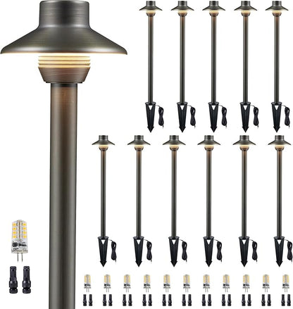Gardenreet Solid Cast Brass Pathway Lights, Low Voltage Landscape Path Light Wired, LED Walkway Light Waterproof, Hat Shaped 12V Wired Black for Entrance Garden with 3000K Soft White G4 Bulb (12 Pack)