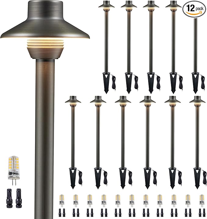 Gardenreet Waterproof Low Voltage Walkway Lights, Brass Outdoor Pathway Light, IP65 LED Bronze Mini Shade Sideway Lamp for Driveway Backyard Patio with 3W 270LM 4000K G4 Bulb 12 Pack