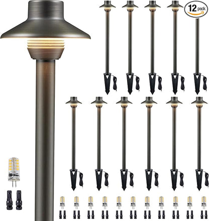 Gardenreet Brass Low Voltage Landscape Path Lights, Wired Pathway Lights, Outside IP65 LED Bronze Mini Shade Driveway Lights for Backyard Garden House with 3W 270LM 5000K G4 Bulb 12 Pack