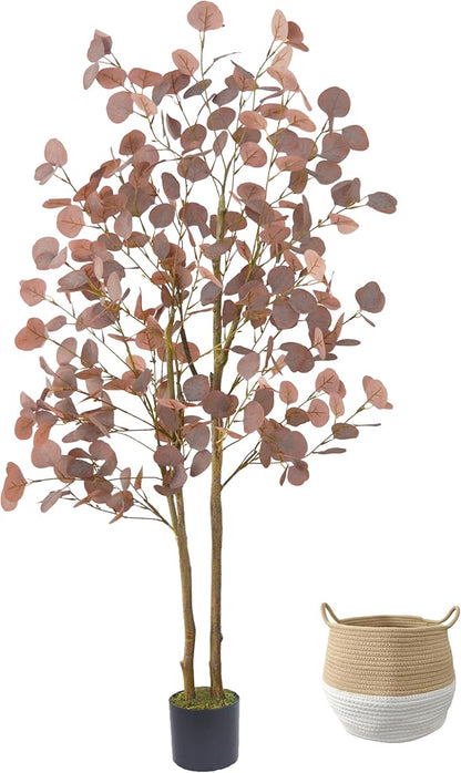Artificial Eucalyptus Tree, 5ft Fake Eucalyptus Plant with Basket, Red Silver Dollars Silk Leaves Faux Tree for Home Office Perfect Housewares Gift Decoration