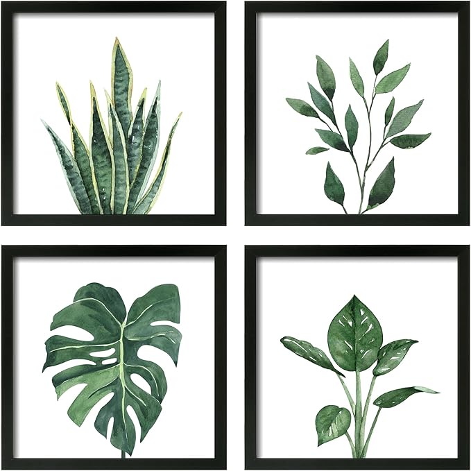 ArtbyHannah Framed Bathroom Wall Decor, Botanical Wall Art with Sage Green Plant Print for Bedroom Decoration, Minimalist Restroom Decor(Black, 8x8 Inch)