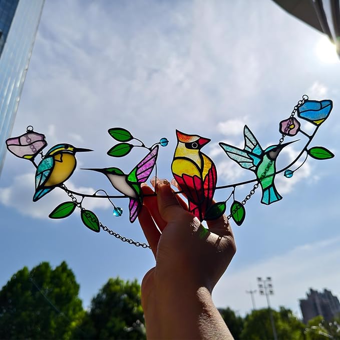 Stained Glass Window Hanging, Birds on A Branch Stained Glass Suncatcher Cardinal Hummingbird Kingfisher Glass Panel Sun Catchers for Indoor Windows Hanging Home Decor,Gifts for Women,Bird Lover