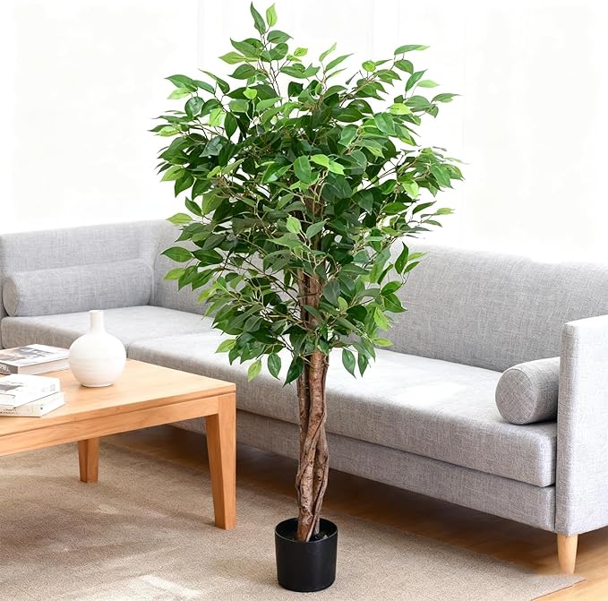 2pcs 5ft Decorative Fake Ficus Tree Indoor, Artificial Trees Indoor for Home Decor, Potted Faux Tree Plant with Realistic Silk Leaves, Natural Triple Wood Trunk for Outdoor, Office