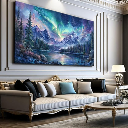IDAFU Aurora Borealis Canvas Wall Art Northern Lights Wall Printing Farmhouse Abstract Snow Mountain Tree Forest Scenery Canvas Nature Landscape Artwork For office Home Décor Ready to Hang 32L x 16W
