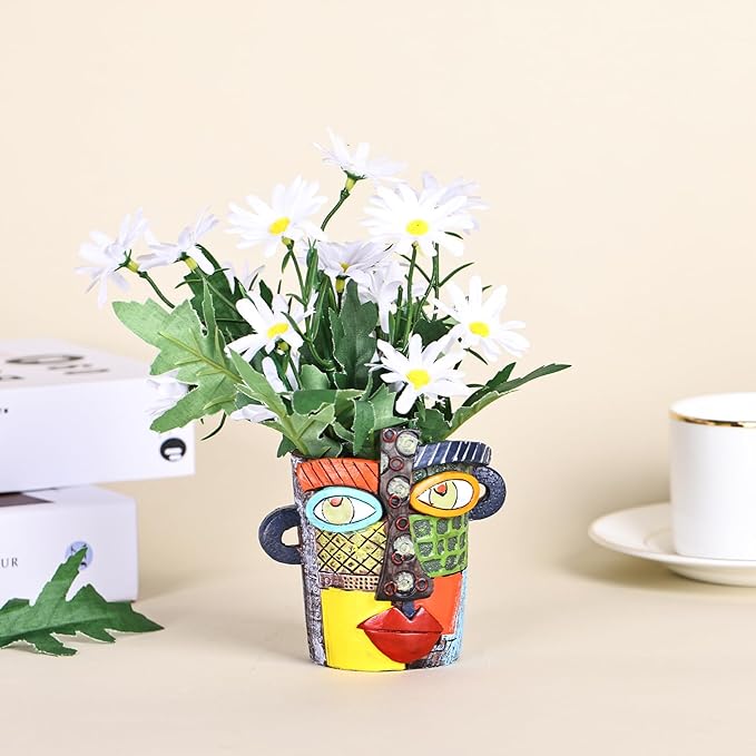 Mini Face Planters Pots Head, Abstract Colorful Graffiti Cute Mini Pots for Plants with Drainage, Ideal for Indoor Outdoor Unique Planters for Plants (Colored)