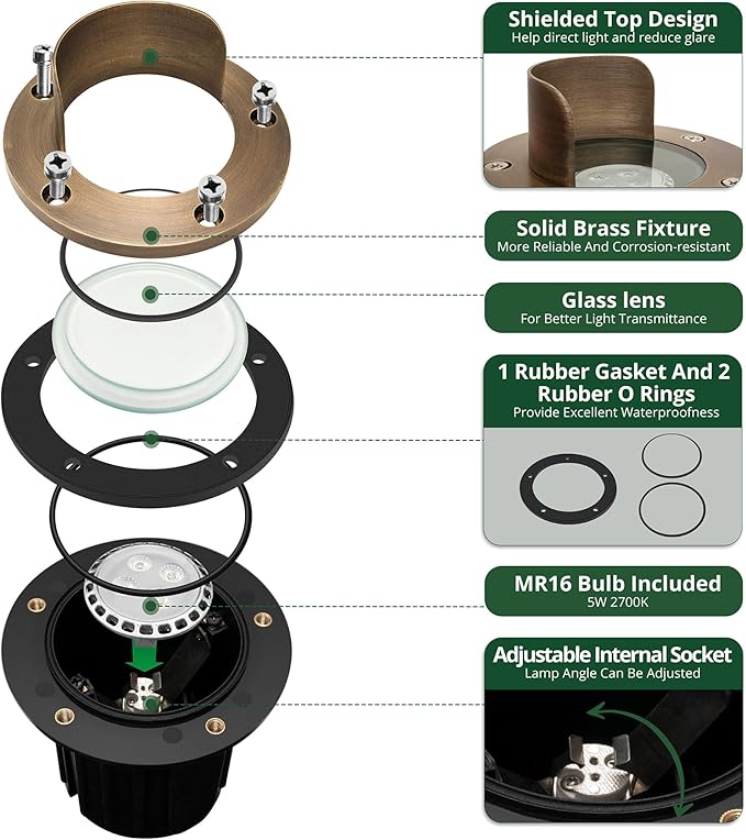 GKOLED 4 Pack, LED Brass Well Lights, 12V IP67 Waterproof Outdoor In Ground Light with MR16 Bulb and Swival Base, Low Voltage Landscape Lighting, 5W 2700K, Up Light for Garden Tree Bushe, Shielded Top