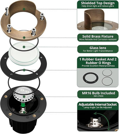 GKOLED 4 Pack, LED Brass Well Lights, 12V IP67 Waterproof Outdoor In Ground Light with MR16 Bulb and Swival Base, Low Voltage Landscape Lighting, 5W 2700K, Up Light for Garden Tree Bushe, Shielded Top