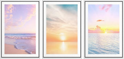 Ashbrook Framed Wall Art Print Set Pastel Dawn Sunset Ocean Beach Wave Landscape Nature Wilderness Photography Modern Art Scenic Colorful Chic for Living Room, Bedroom, Office - 24"x36"x3 White
