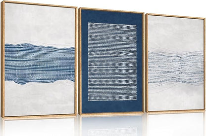 Aryroi Large Abstract Navy Blue and White Framed Canvas Wall Art,Minimalist Boho Waves Lines Wall Decor,Modern Mid Century Artwork,Neutral Geometric Art Print for Living Room,Bedroom,Office- 24"x36"x3