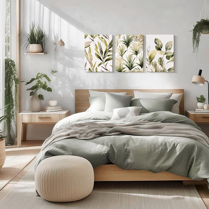 Framed Green Plant Wall Art Boho Picture Floral Canvas Painting Simple Flower Poster Print Bedroom Bathroom Living Room Wall Decor 16x24 inches x3 Ready to Hang