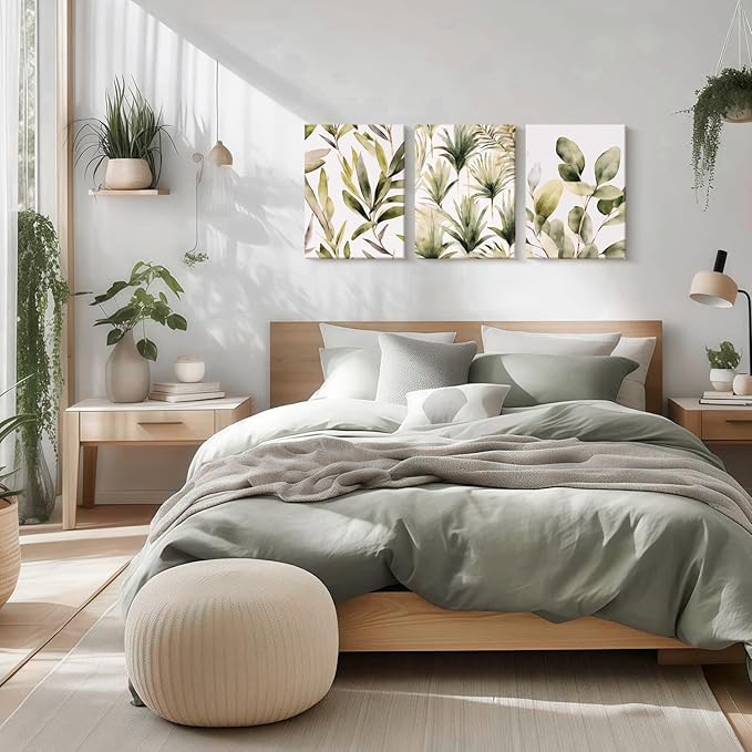 Framed Green Plant Wall Art Boho Picture Floral Canvas Painting Simple Flower Poster Print Bedroom Bathroom Living Room Wall Decor 12x16 inches x3 Ready to Hang