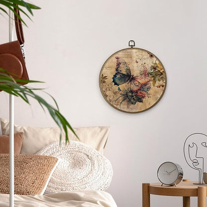 MAQIKA Vintage Butterfly Flower Framed Wall Art Decor, Retro Botanical Round Wall Hanging Decor, Canvas Prints Wall Art for Farmhouse Bedroom Living Room, 10x10 Inch