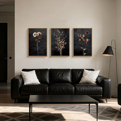 Large Moody Dark Floral Framed Canvas Wall Art,Vintage Dried Flowers Wall Decor,Modern Retro Wildflowers Artwork,Mid Century Boho Botanical Art Print for Living Room,Bedroom,Office- 24"x36"x3