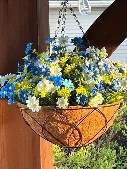 Artificial Faux Hanging Plants Flowers Basket for Summer Autumn Outdoor Outside Porch Decoration, Fake Silk Colorful Daisy Eucalyptus UV Resistant Look Real for Home Patio Balcony Yard