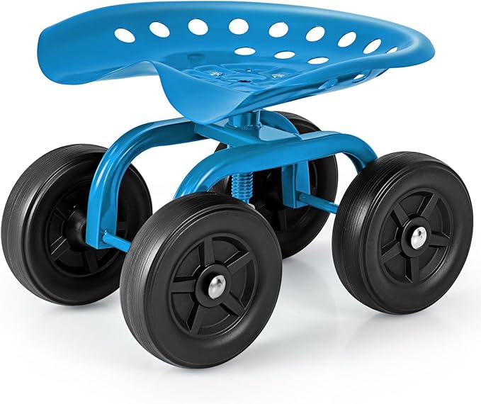 Garden Cart with Seat, Heavy-Duty Rolling Outdoor Wagon Scooter w/Height Adjustable & 360° Swivel Seat, Gardening Work Seat Stool, Patio Scooter on Wheels for Lawn Yard Planting (Blue)
