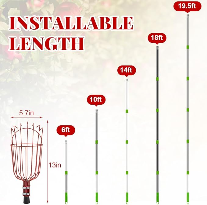 19.5ft Adjustable Fruit Picker Pole with Basket Long Handle with Storage Bag and Gloves Fruit Picker Equipment for Lemons Apples Avocados Picking(Red)