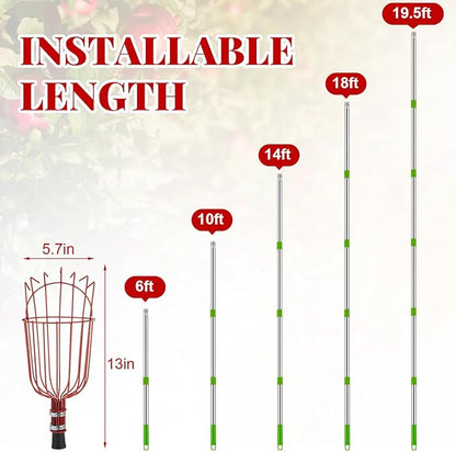 19.5ft Adjustable Fruit Picker Pole with Basket Long Handle with Storage Bag and Gloves Fruit Picker Equipment for Lemons Apples Avocados Picking(Red)