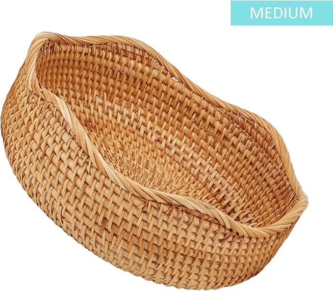 Natural Rattan Round Fruit Basket Bowls, Hand Woven Decor Serving Baskets, Wicker Storage for Dinning Room (Wave-Medium) ＜9''(D) X3.3(H)＞