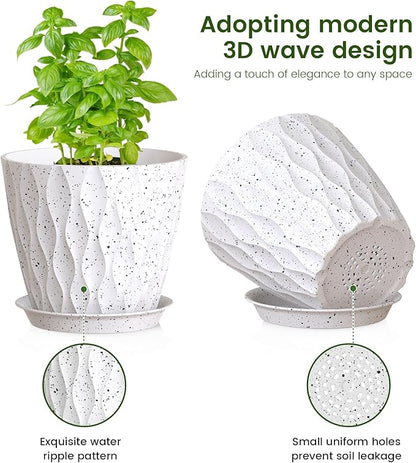 7/6.5/6/5.5/5/4.5/4 inch Plant Pots for Indoor Outdoor Plants, 7 Pack Thick Flower Pots with Drainage Holes and Saucers, Modern Wave Texture Plastic Planters Nursery Pots, Speckled White