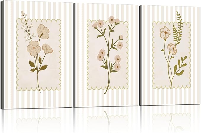 Framed Beige Wildflowers Canvas Wall Art Stripes Floral Poster Picture Simple Vintage Country Painting Nature Landscape Modern Home Print Living Room Gallery Office Ready to Hang 12x16 Inch x3