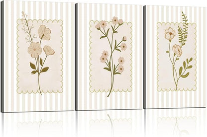 Framed Beige Wildflowers Canvas Wall Art Stripes Floral Poster Picture Simple Vintage Country Painting Nature Landscape Modern Home Print Living Room Gallery Office Ready to Hang 12x16 Inch x3