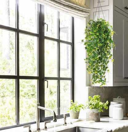 RECUTMS Artificial Plant Fake Plants Artificial Hanging Plants Faux Ivy Plant with Yellow Leaf Fake Hanging Plant Indoor Decoration House Party Garden Room Wall Decor（Yellow）