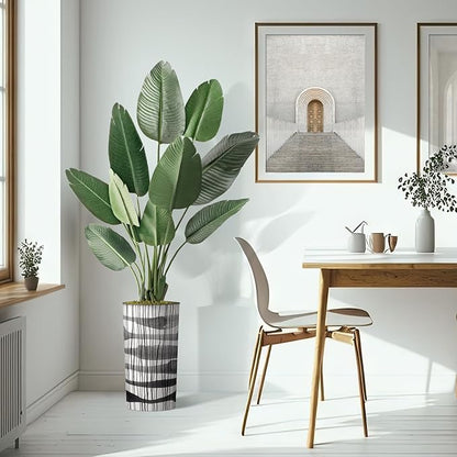 Artificial Tree in Black and White Vertical Stripe Planter, Fake Bird of Paradise Silk Tree for Indoor and Outdoor Home Decoration - 67" Overall Tall (Plant Pot Plus Tree)