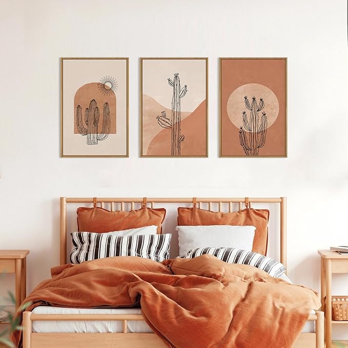 Ausril Boho Minimalist Cactus Framed Canvas Wall Art Set, Mid Century Saguaro Wall Decor, Abstract Geometric Desert Wall Painting, Beige Brown Plant Art Prints for Living Room, Bedroom, Office - 24"X36"X3