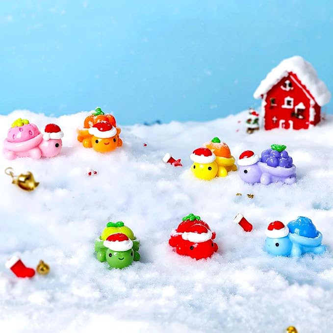 14PCS Mini Resin Turtles with Christmas Hat, Fruit Theme Turtle Figurines, Resin Animal Miniature Decor, Christmas Theme Figurine for Landscape Dollhouse Micro Fairy Garden Decoration Ornament
