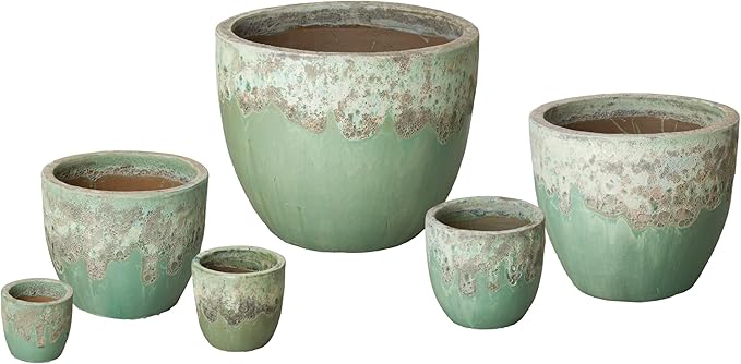 Emissary Home and Garden 28in. L x 24in. H Reef/Spa Blue Stoneware Round Planters with High-fire Treatment (Set of 6)