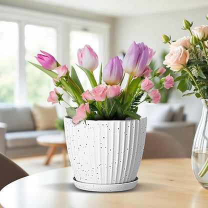 White Gray 6-Inch Plant Pots with Drainage & Saucers 18 Pack, Indoor & Outdoor Planters for Houseplants, Herbs, and Flowers, Durable & Weatherproof Material, Stackable, Lightweight, Minimalist Design