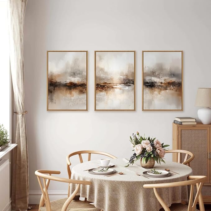 Large Abstract Brown Framed Canvas Wall Art,Neutral Brush Stroke Wall Decor,Modern Beige Gray Painting,Minimalist Textured Artwork for Living Room,Bedroom,Dining Room,Office -16"x24"x3