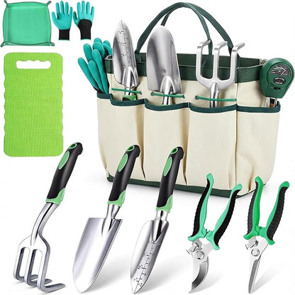 10 Piece Heavy-Duty Gardening Tools Set with Tote Bag - Rust-Proof Aluminum Gardening Hand Tools with Ergonomic Non-Slip Rubber Grips - Gardening Supplies Set Ideal Gift for Men & Women