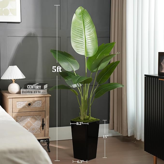 Lifelike Bird of Paradise Artificial Plant 5ft Faux Banana Leaf Tree with Black Tall Planter for Home Decor - Perfect Indoor Silk Floor Plant for Living Room, Office, and Bedroom Ambiance Enhancement