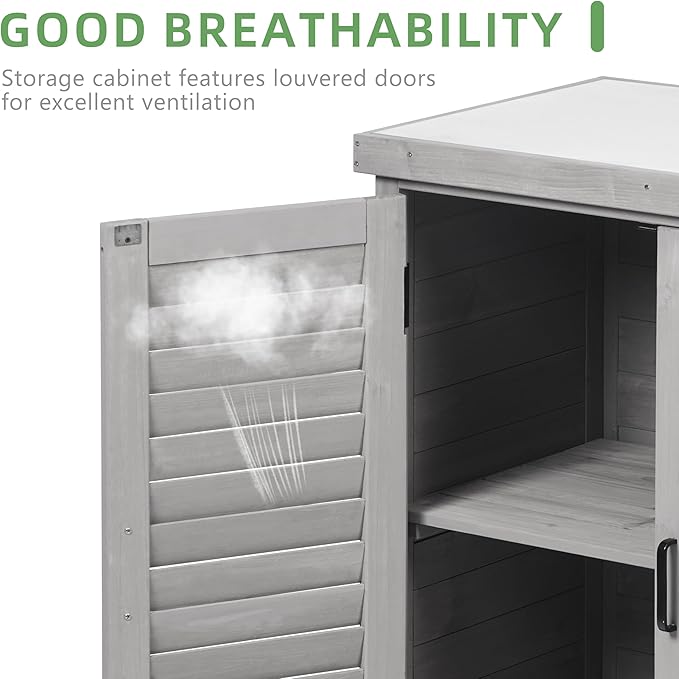 Potting Bench with Storage Cabinet and Metal Table Top for Outdoor Patio, Garden Furniture Wood Workstation