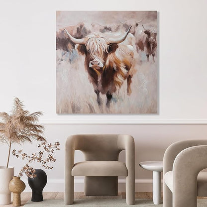 JolyWell Textured Highland Cow Canvas Wall Art Hand painted Farm Animals Painting Cattle Portrait Pictures Bedroom Decor Brown Cow Artwork for Bathroom Dining Room Kitchen Office Living Room 24x24IN