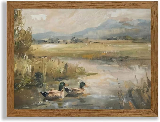 Wojuin Vintage Country Cottage Green Head Duck Wall Art, Scenic Wildlife Pond Nature Wall Decor, Wild Duck Floral Literary Canvas Print Picture for Living Room Bedroom Bathroom Office 8x10 in