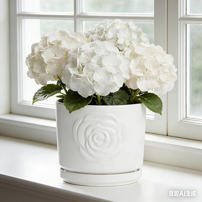 Ekirlin 7 Inch Indoor Plant Pots, White Ceramic Flower Planters, Modern Style Succulents Containers with Drain Hole & Saucer Tray, Weatherproof Pot for Decorate Home,Office & Outdoor (Rose Design)