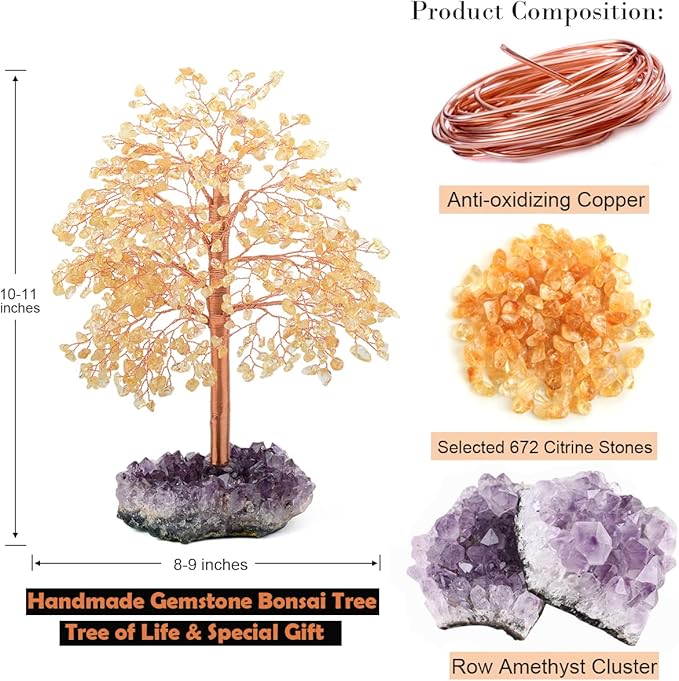 Crystal Tree of Life Natural Citrine Gemstone,Amethyst Geode Cluster,Chakra Balancing Positive Energy Healing Crystals Feng Shui Home Decor Money Tree,Gift 10"-11"