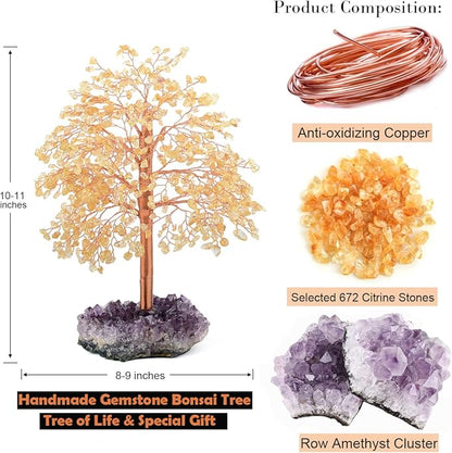 Crystal Tree of Life Natural Citrine Gemstone,Amethyst Geode Cluster,Chakra Balancing Positive Energy Healing Crystals Feng Shui Home Decor Money Tree,Gift 10"-11"