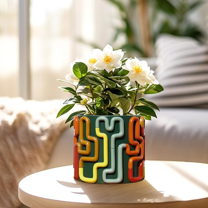 GUGUGO Colorful Squiggle Lines Planters Cute Unique Rainbow Planter with Drainage, Vintage Retro Flower Plant pots for Indoor Plants, Eclectic Succulent Gardening Pot for Boho Modern Décor, Green