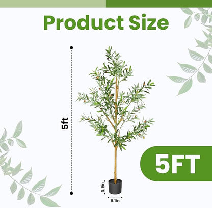 Olive Artificial Trees, 5FT Tall Faux Olive Tree for Indoor and Outdoor, Artificial Plants with Basic Planter, Lifelike Fruits and Realistic Wood Trunk for Home Office Decor