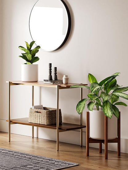 LE TAUCI Indoor Planter with Stand, 10 + 8 Inch, Set of 2, Ceramic Pot for Indoor Plants with Acacia Wood Holder, Mid-Century Modern Home Decor, Round Flower Pots with Drainage Hole, White