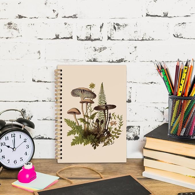 nvucamd Vintage Mushroom Spiral Notebook, Cottagecore Mushroom Journal Notebook, Retro Botanical Journaling Notebooks for Women, Mushrooms Gifts Office Supplies, 5.5x8.3Inch